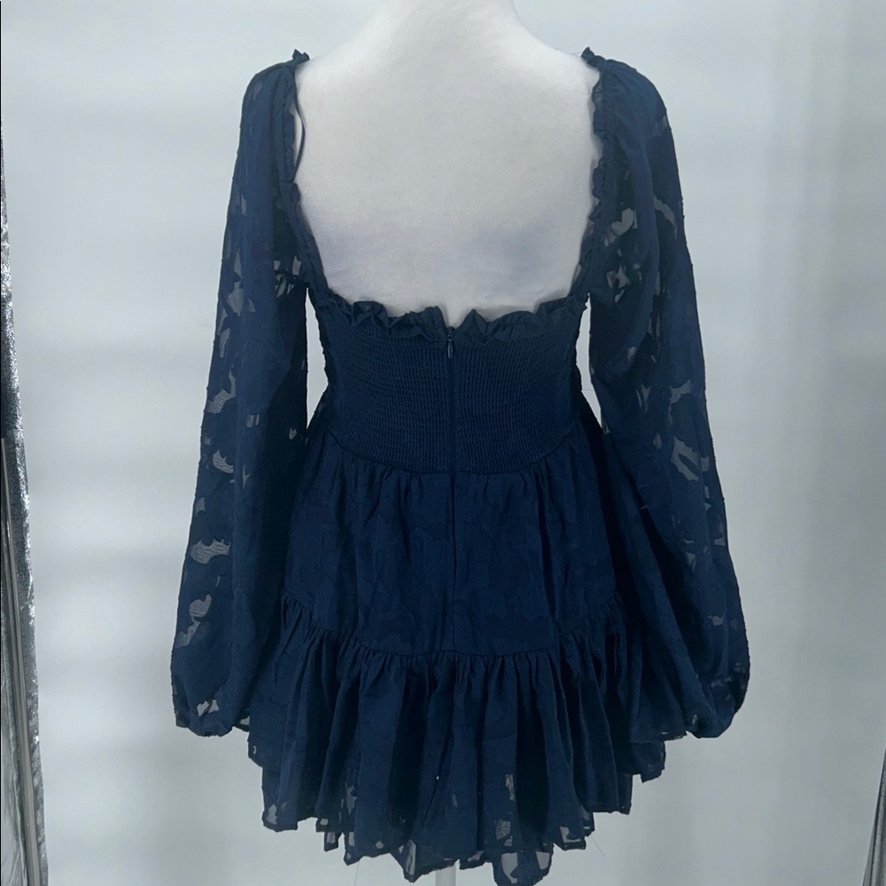 Altar'd State Clairyn Tiered Square Neck Ruffle Long-Sleeve Mini Dress Navy XS - Picture 5 of 13